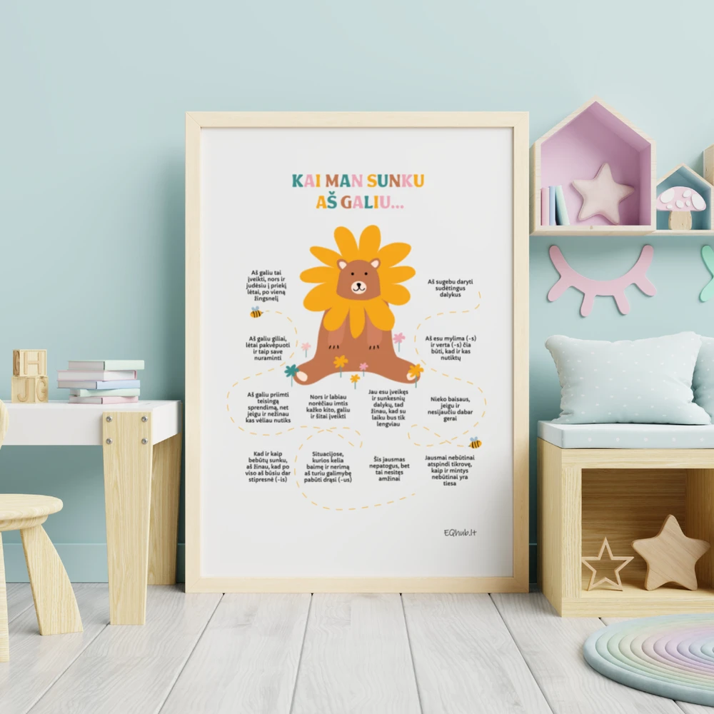 EQhub „Kai man sunku aš galiu“ - ugdantys plakatai emocinio intelekto lavinimui, dekoracijos vaiko kambariui ar klasei - A3 formatu
