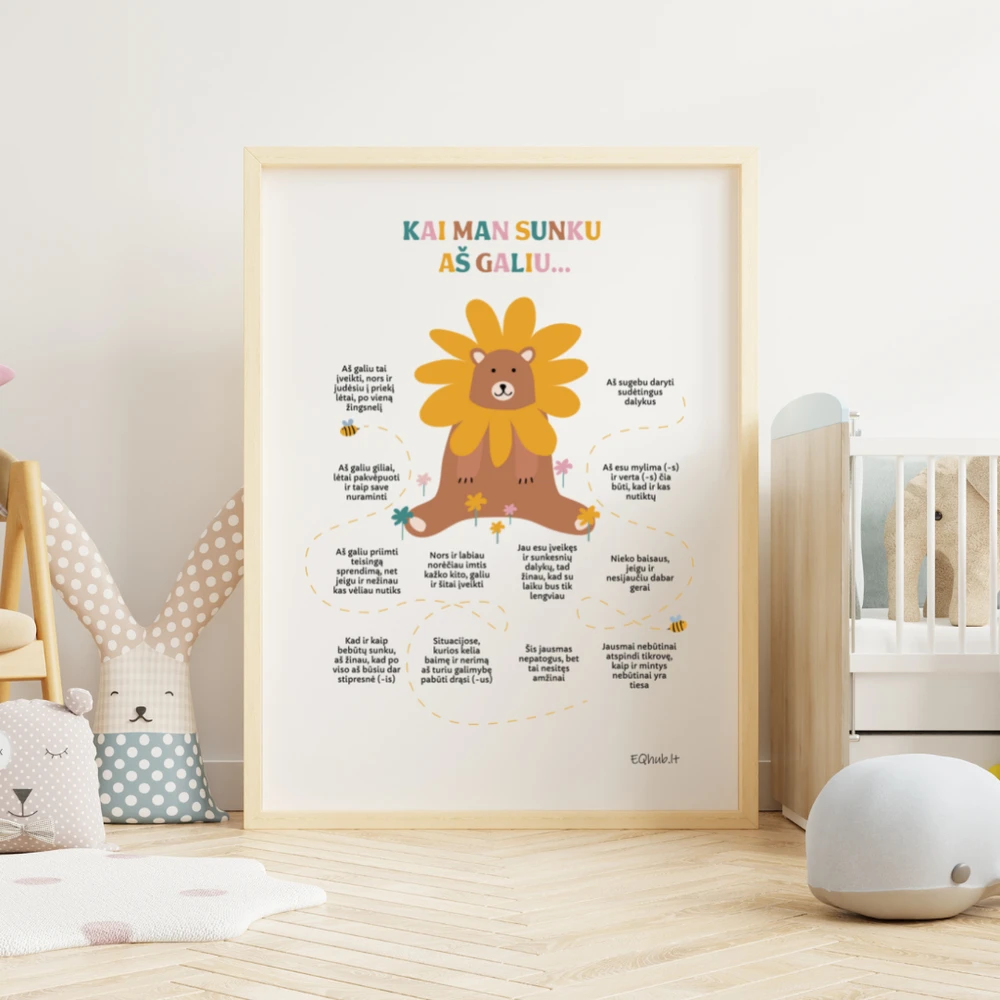 EQhub „Kai man sunku aš galiu“ - ugdantys plakatai emocinio intelekto lavinimui, dekoracijos vaiko kambariui ar klasei - A3 formatu