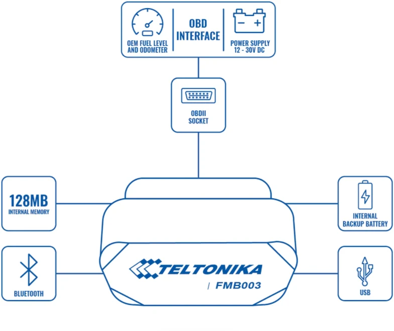 FMB003 2G TELTONIKA OBD GPS SEKLYS, Serveris : Serveris (metinis mokestis) +12 Eur, SIM kortelė: Nepridėti