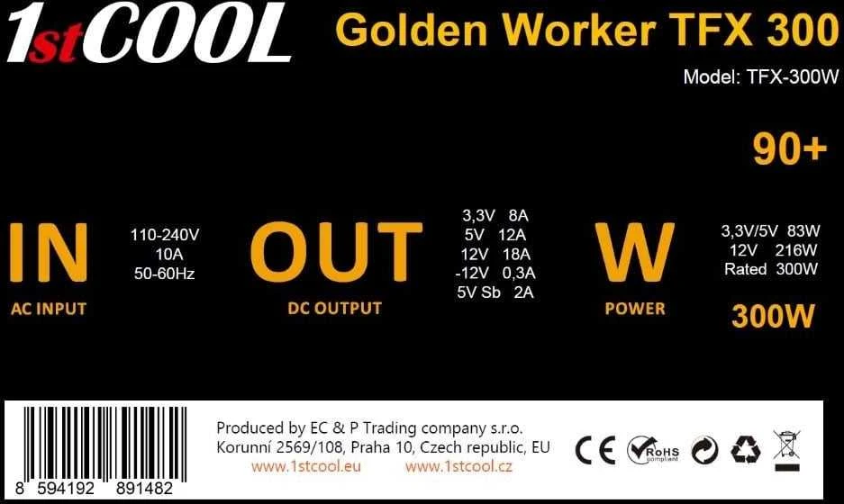 1St Cool Maitinimo šaltinis 1stCOOL Maitinimo šaltinis Golden Worker TFX 300 88+, 300W, TFX, juoda
