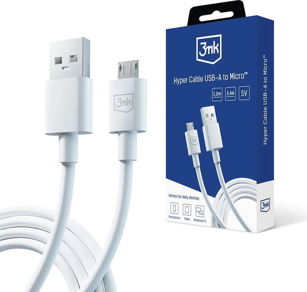 3MK Hyper Cable USB-A – Micro USB 1,2 m 5 V 2,4 A Baltas kabelis