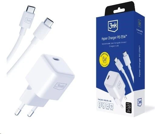3MK Hyper Charger PD 25W laidinis įkroviklis baltos spalvos + 1x USB-C Cable