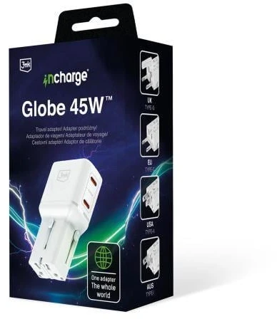 3mk incharge® Globe 45W™ 2C PD QC4+ PPS SCP AFCUS/EU/AUS/UK Baltas