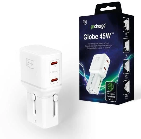 3mk incharge® Globe 45W™ 2C PD QC4+ PPS SCP AFCUS/EU/AUS/UK Baltas