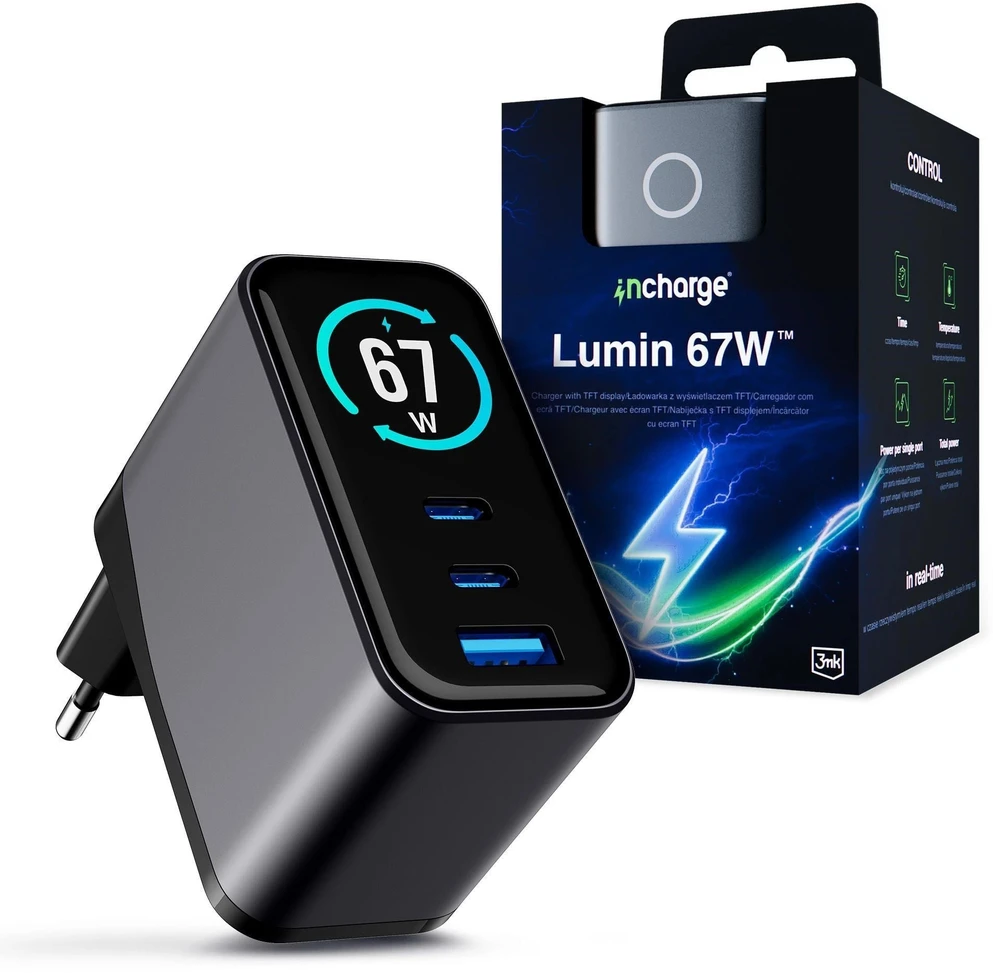 3Mk apsauga 3mk InCharge Lumin PD 67W QC4+ PPS AFC FCP SCP 1A2C TFT Ekranas Juodas/Pilkas