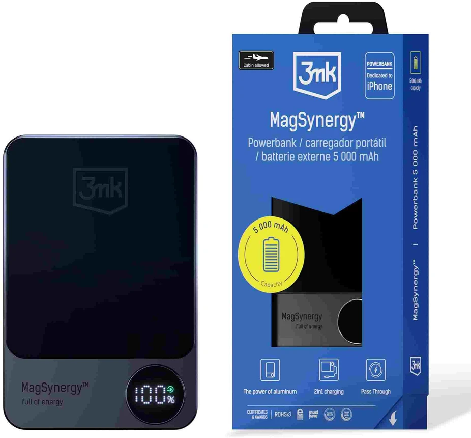 Powerbank 3mk MagSynergy su MagSafe 5000mAh 18W - juodos spalvos