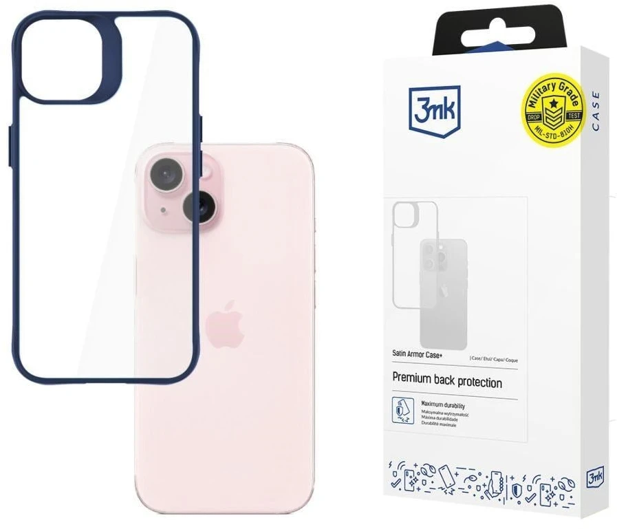 3mk Satin Armor Case+ Mėlyna Apple iPhone 15 - dėklas telefonui skaidrus