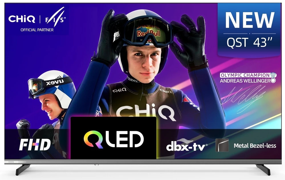 CHiQ L43QST televizorius, 43 colių, FHD, QLED, itin tvirtas, „Android 14“, „Dolby Audio“, berėmis