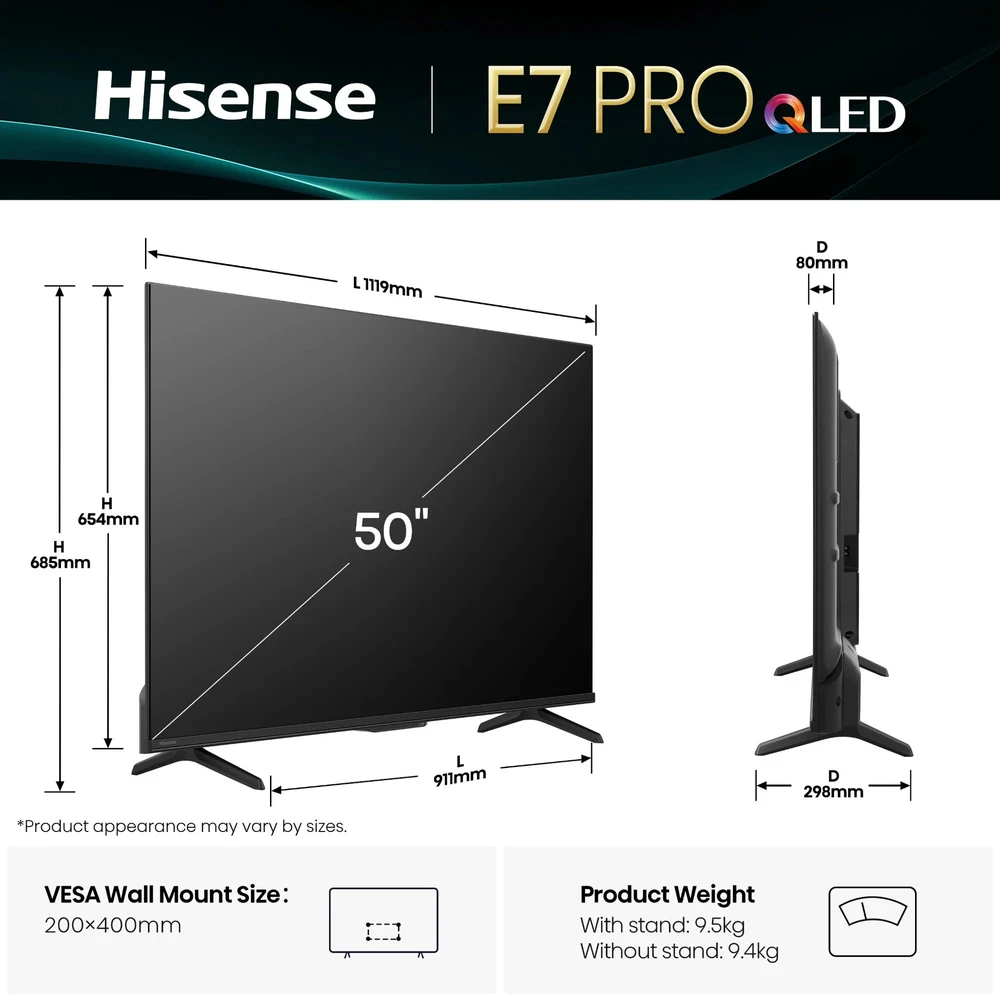 Televizorius HISENSE 50E7Q PRO 50" QLED 4K VidaaOS 144Hz Dolby Atmos