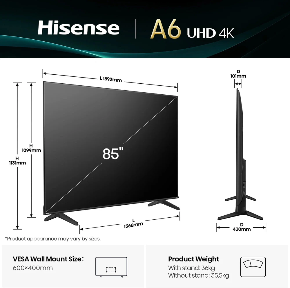 „Hisense 4K“ televizorius | 85A6Q | 85 | Išmanusis televizorius | VIDAA | UHD | Juodas