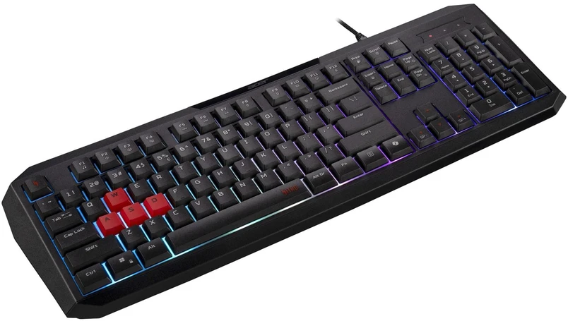 „ACER Nitro Klaviatūra žaidimams 100“ su membraniniu jungikliu, 26 klavišais su apsauga nuo šešėliavimo, 3 milijonų klavišų paspaudimų gyvavimo trukmė, 7 RGB foninio apšvietimo zonos