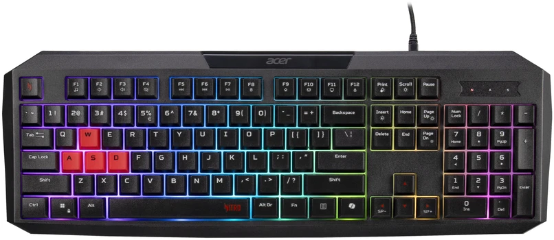 „ACER Nitro Klaviatūra žaidimams 100“ su membraniniu jungikliu, 26 klavišais su apsauga nuo šešėliavimo, 3 milijonų klavišų paspaudimų gyvavimo trukmė, 7 RGB foninio apšvietimo zonos