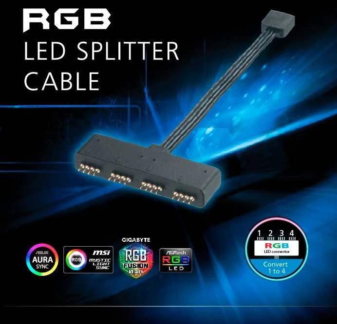 Akasa RGB LED Splitter kabelis, nuo 1 iki 4 vnt., 10cm, juodas AK-081