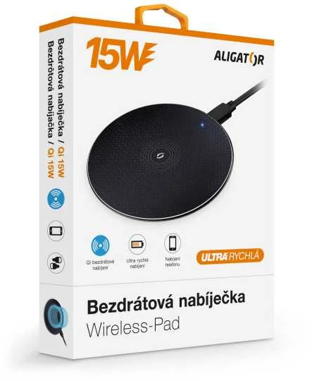 ALIGATOR bezdrátová nabíječka Wireless Pad 15W, juoda