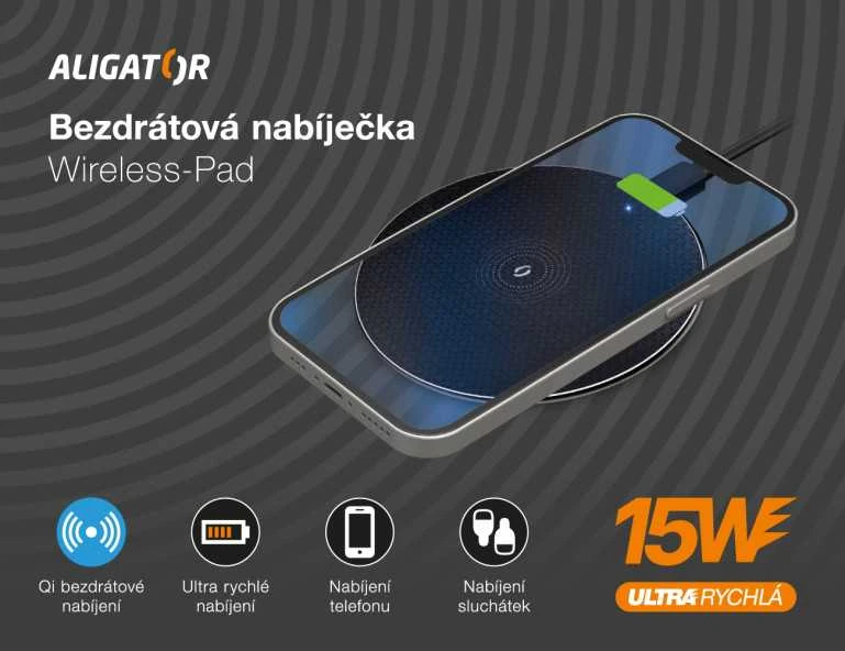 ALIGATOR bezdrátová nabíječka Wireless Pad 15W, juoda