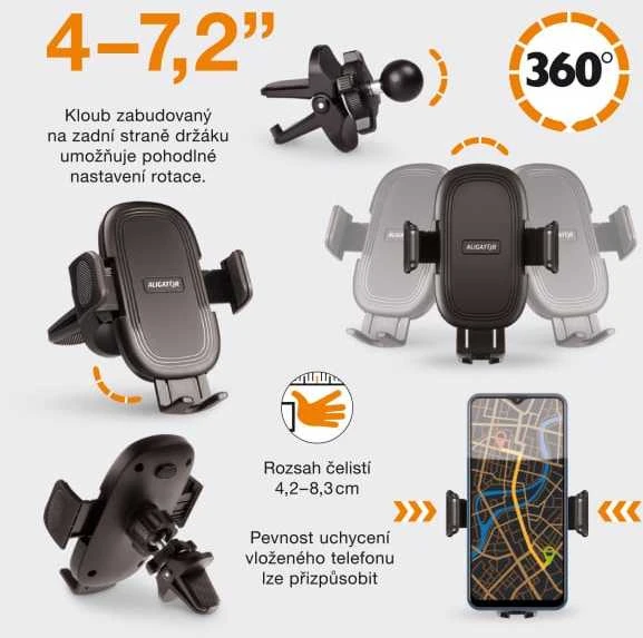 Aligator automobilio laikiklis su reguliuojamu tvirtinimu HA20 Multi ventiliacijos grotelėms