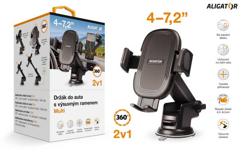 „Aligator“ automobilio laikiklis su ištraukiama rankena HA21 Multi, skirtas priekiniam stiklui ir prietaisų skydeliui