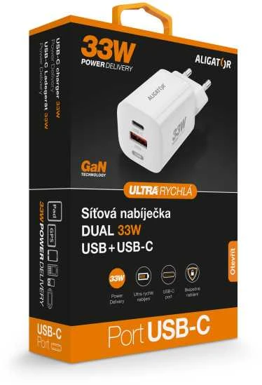 ALIGATOR išmanusis tinklo įkroviklis GaN, PD 33W, USB-A + USB-C, baltas