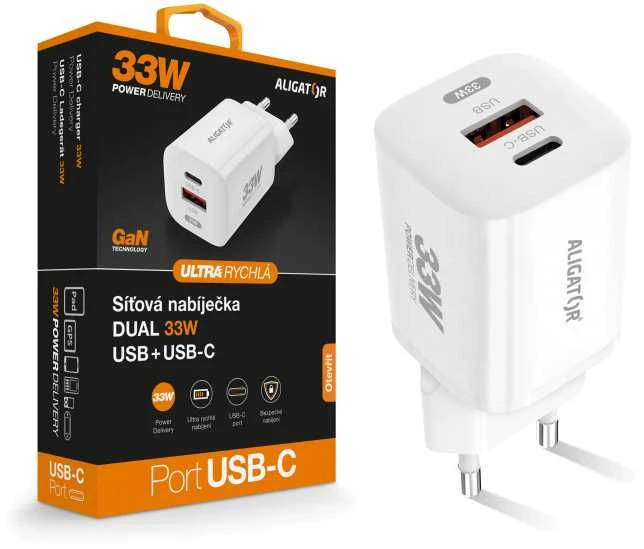ALIGATOR išmanusis tinklo įkroviklis GaN, PD 33W, USB-A + USB-C, baltas