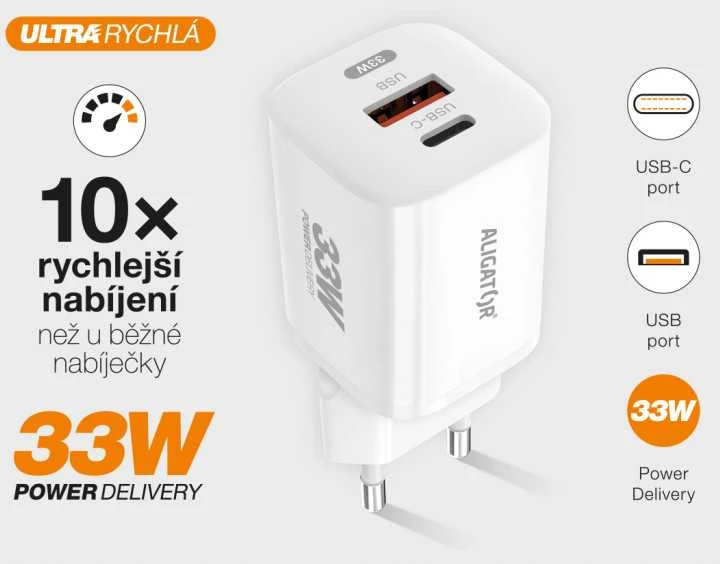 ALIGATOR išmanusis tinklo įkroviklis GaN, PD 33W, USB-A + USB-C, baltas