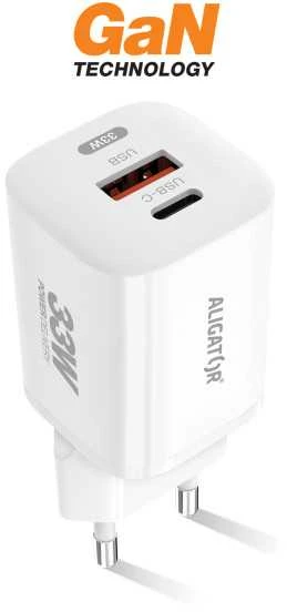 ALIGATOR išmanusis tinklo įkroviklis GaN, PD 33W, USB-A + USB-C, baltas