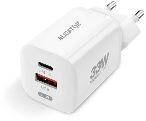 ALIGATOR išmanusis tinklo įkroviklis GaN, PD 33W, USB-A + USB-C, baltas