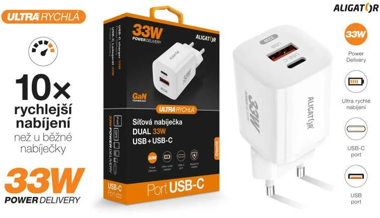 ALIGATOR išmanusis tinklo įkroviklis GaN, PD 33W, USB-A + USB-C, baltas
