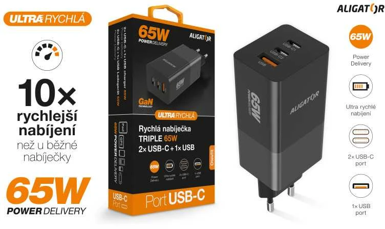 ALIGATOR GaN išmanusis maitinimo įkroviklis, Power Delivery 65W, 2xUSB-C, 1xUSB-A, juodas