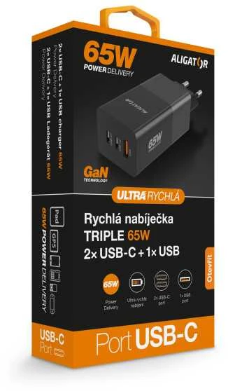 ALIGATOR GaN išmanusis maitinimo įkroviklis, Power Delivery 65W, 2xUSB-C, 1xUSB-A, juodas