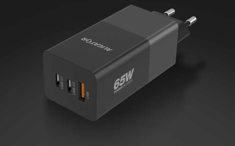 ALIGATOR GaN išmanusis maitinimo įkroviklis, Power Delivery 65W, 2xUSB-C, 1xUSB-A, juodas