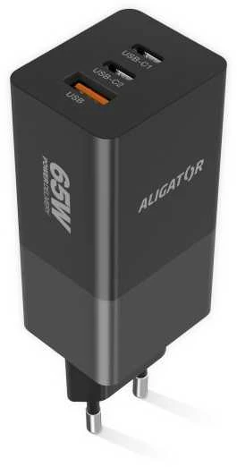 ALIGATOR GaN išmanusis maitinimo įkroviklis, Power Delivery 65W, 2xUSB-C, 1xUSB-A, juodas