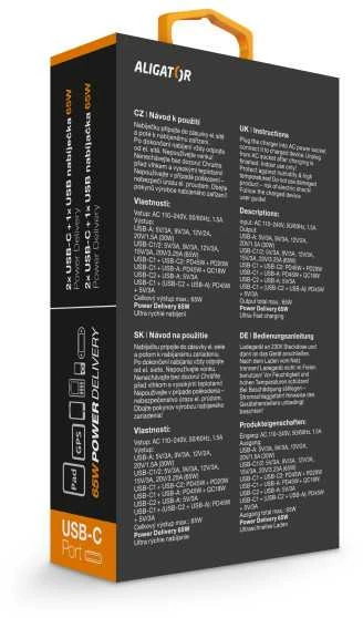 ALIGATOR GaN išmanusis maitinimo įkroviklis, Power Delivery 65W, 2xUSB-C, 1xUSB-A, juodas