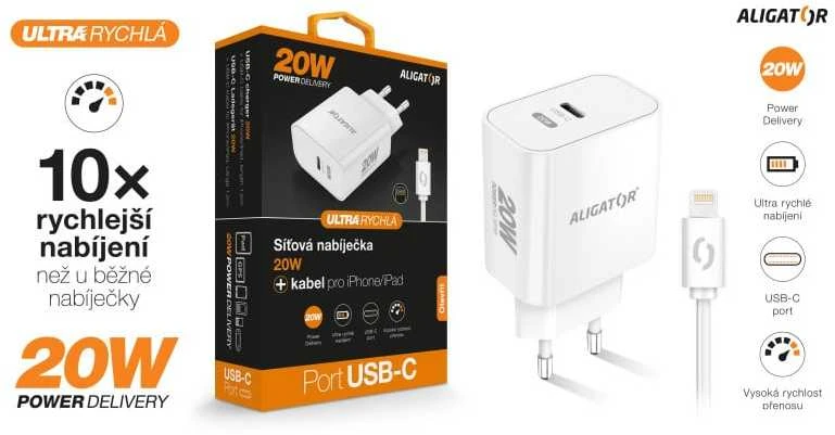 Aligator USB-C PD 20W greitas įkroviklis su USB-C laidu