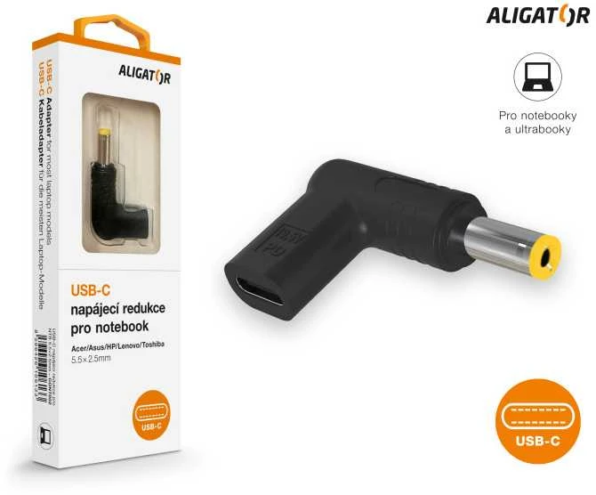 Aligator USB-C maitinimo adapteris 5,5x2,5 mm, skirtas Acer / Asus / HP / Lenovo / Toshiba nešiojamiesiems kompiuteriams