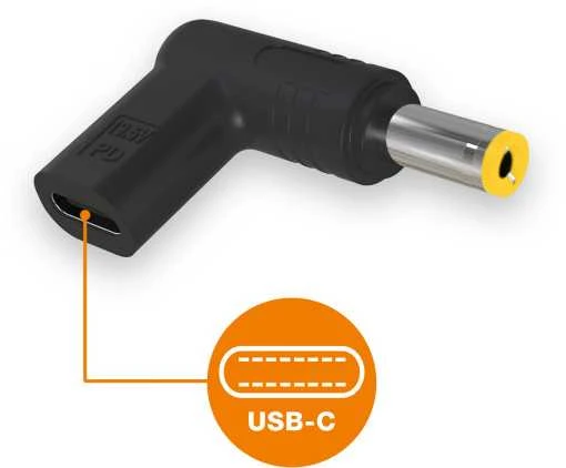 L formos USB-C į 5,5x2,5 mm nešiojamųjų kompiuterių adapteris
