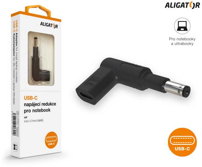 „Aligator“ USB-C maitinimo adapteris, 4,8 x 1,7 mm (prailgintas), skirtas „Asus“ / „Compaq“ / „HP“ nešiojamiesiems kompiuteriams