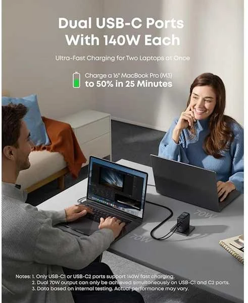 Port „Anker“ įkroviklis, 140 W, 4 prievadų, su USB-C laidu, tamsiai pilkas