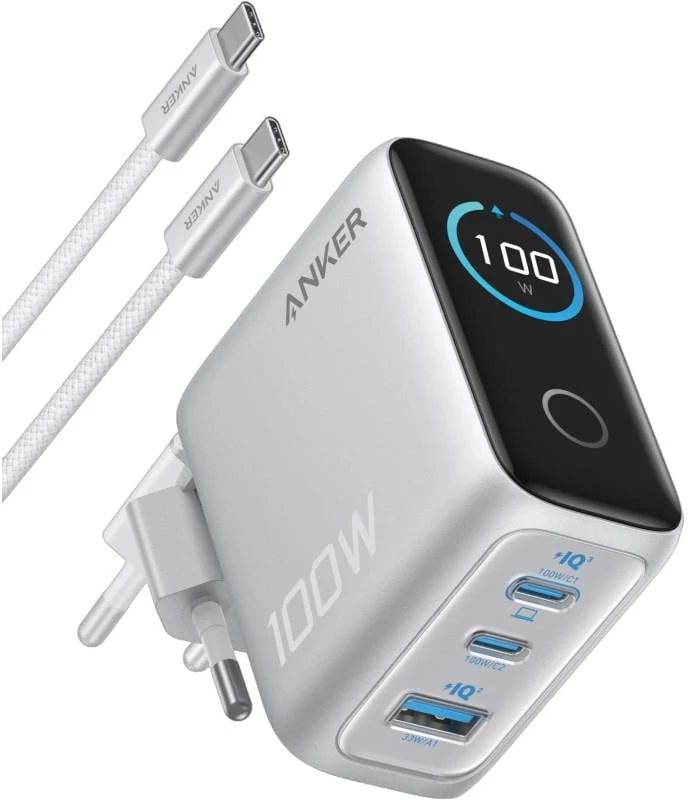 Anker charger 100W, 2xUSB-C, 1xUSB sidabrinis