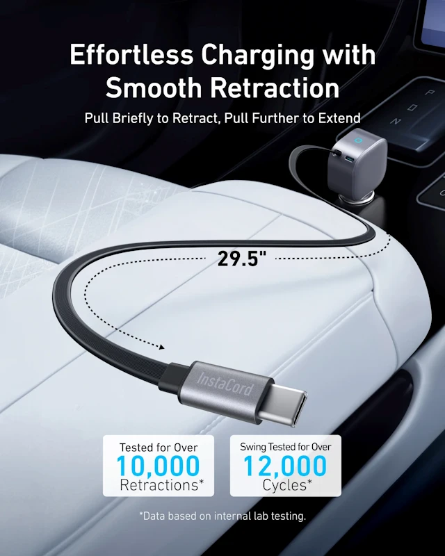 „Anker Nano“ automobilinis įkroviklis (75 W, USB-C prievadas, įmontuotas ištraukiamas USB-C laidas)