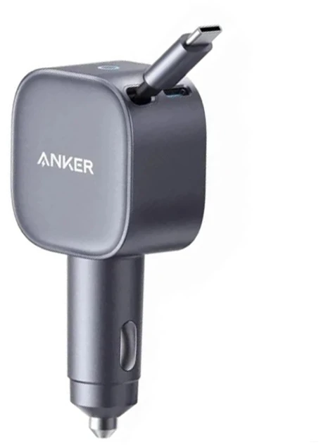 „Anker Nano“ automobilinis įkroviklis (75 W, USB-C prievadas, įmontuotas ištraukiamas USB-C laidas)