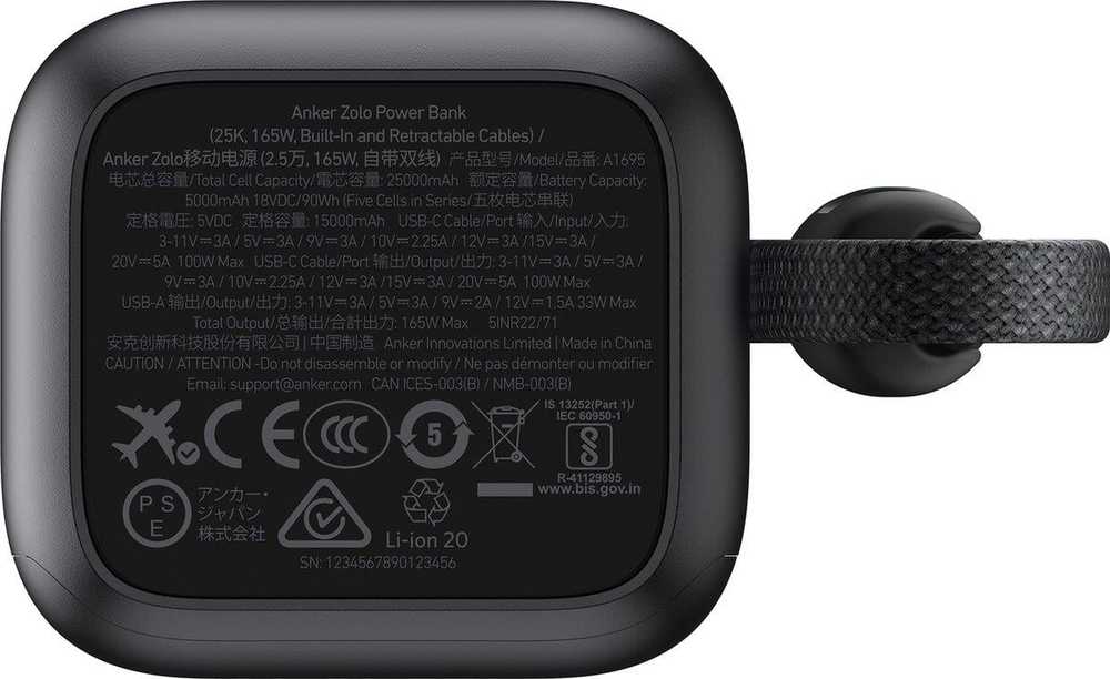 „Anker Zolo“ nešiojama įkroviklis | A1695H11 | 25000 mAh | Integruotas USB-C ir ištraukiamas laidas | Pilkas