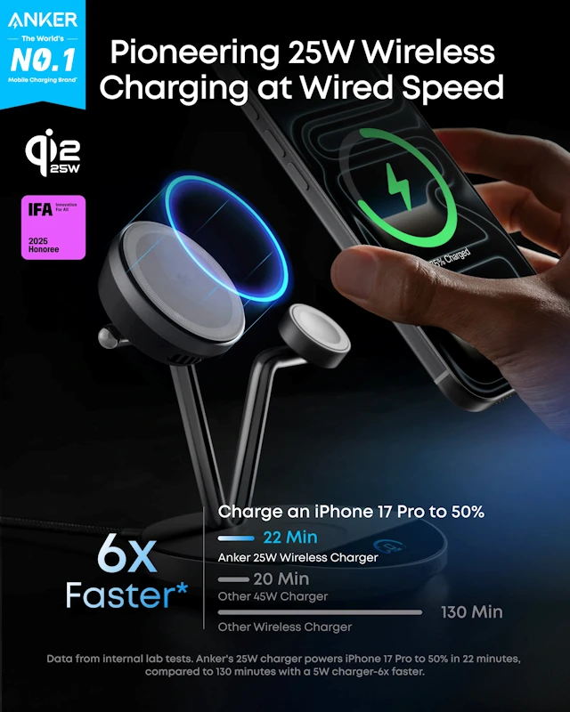 „Anker Prime“ belaidė įkrovimo stotelė su Qi2.2 25 W belaidžiu įkrovimu (3 viename, „MagGo“, „AirCool“, įkrovimo stotelė) ir pridėtu maitinimo šaltiniu.