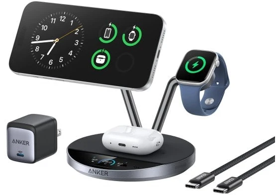 „Anker Prime“ belaidė įkrovimo stotelė su Qi2.2 25 W belaidžiu įkrovimu (3 viename, „MagGo“, „AirCool“, įkrovimo stotelė) ir pridėtu maitinimo šaltiniu.