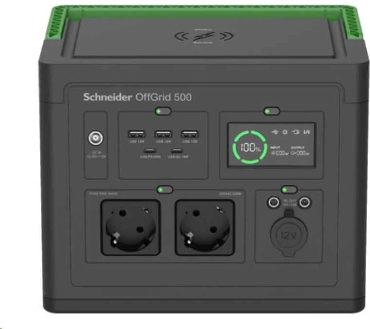 „Apc Schneider OffGrid“ nešiojama elektrinė 500, 230 V, 517 Wh ličio jonų, LCD, 2 CEE 7/3 „Schuko“ lizdai, „Sinewave“, 3 USB-A, 2 USB-C, belaidis įkroviklis