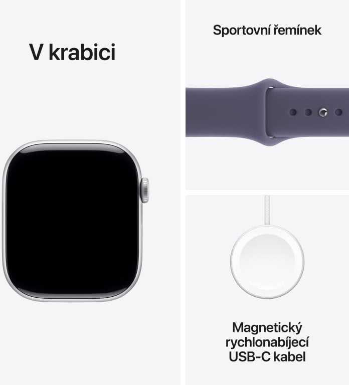 Išmanusis laikrodis „Apple Watch Series 11 GPS“ 46 mm sidabrinio aliuminio korpusas su violetiniu rūko spalvos sportiniu dirželiu – M/L