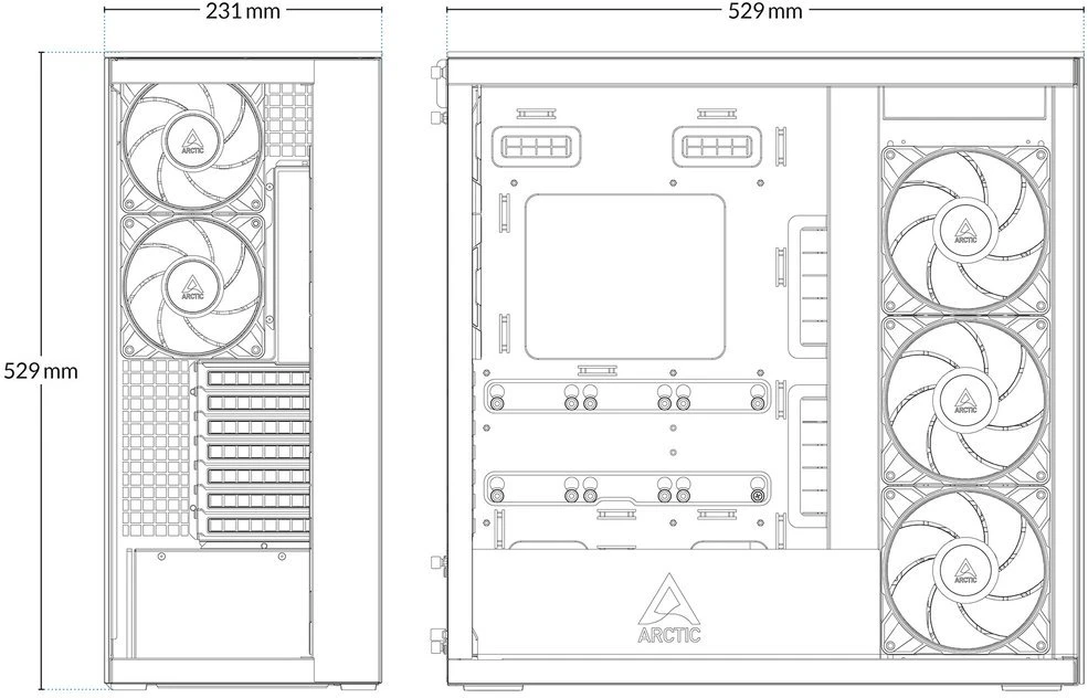 ARCTIC Xtender kompiuterio korpusas, Midi-Tower, E-ATX, RGB, Tempered Glass – includes vertical GPU mount & riser cable, juodos spalvos