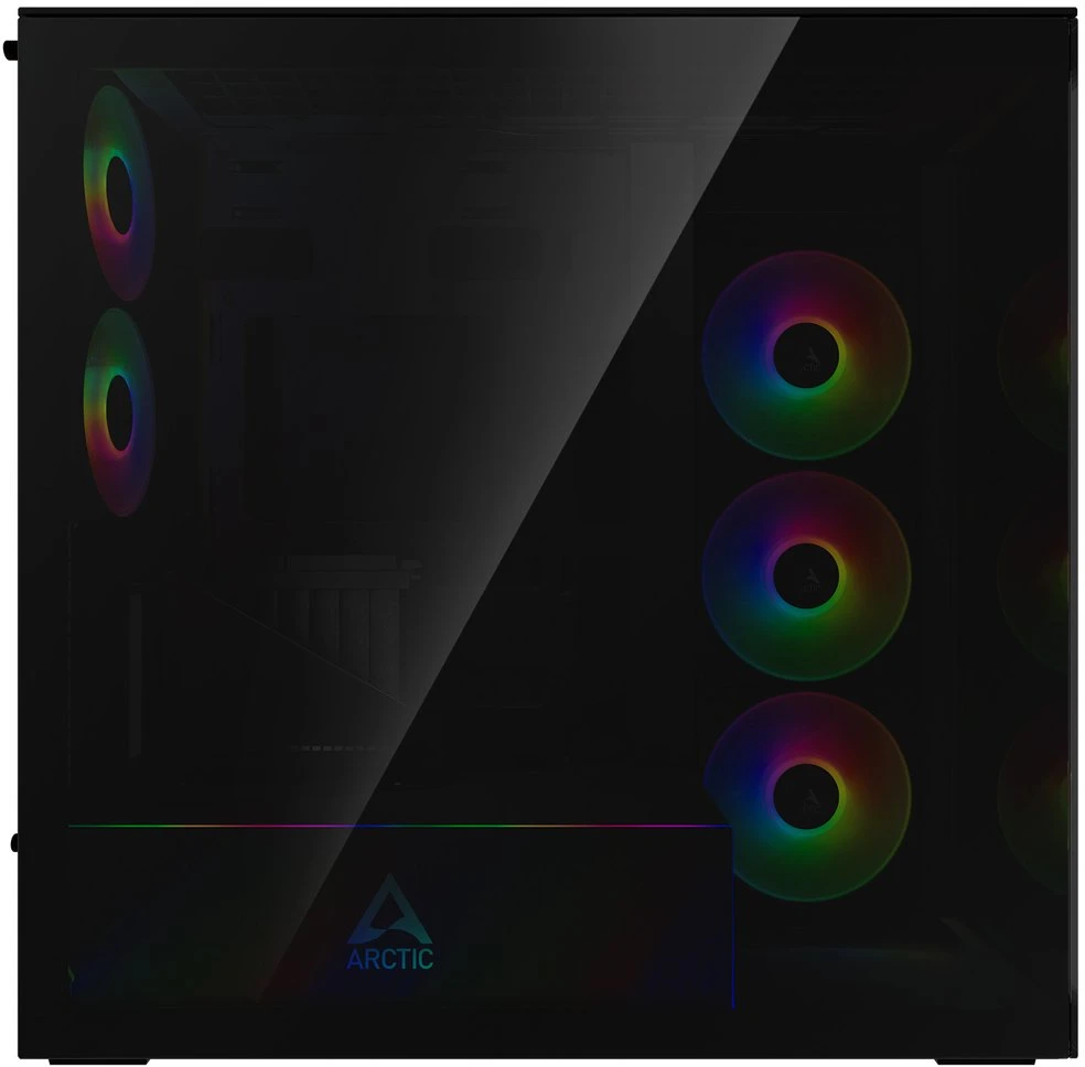 ARCTIC Xtender kompiuterio korpusas, Midi-Tower, E-ATX, RGB, Tempered Glass – includes vertical GPU mount & riser cable, juodos spalvos