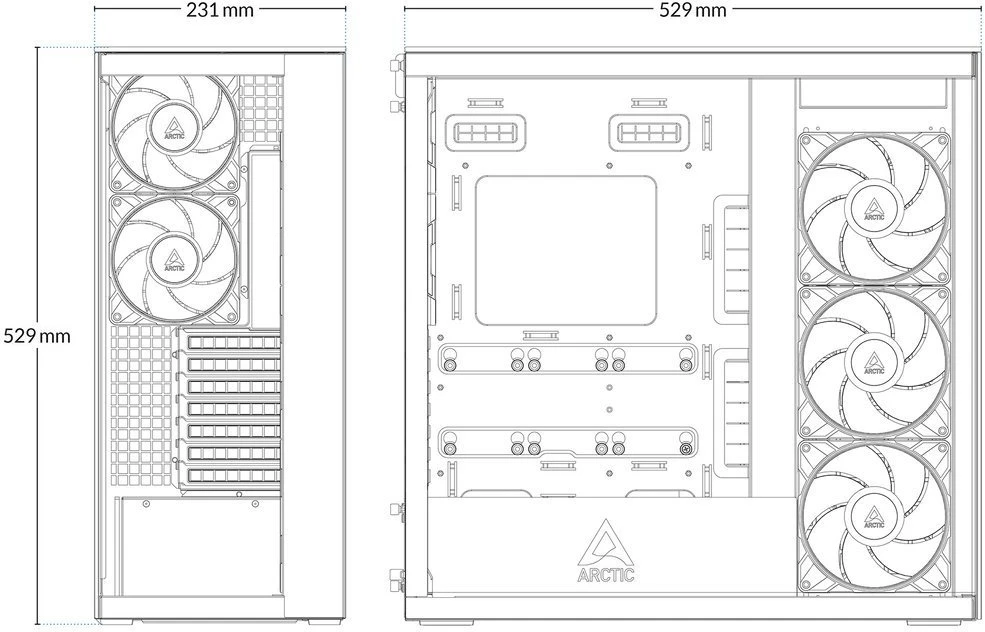 Arctic Xtender (Juodas) mirrow juodas window with GPU vertical mount
