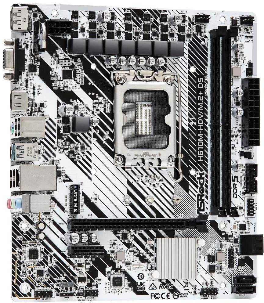 Pagrindinė plokštė ASRock | H610M-HDV/M.2+ D5 | Procesorių šeima Intel | Procesoriaus lizdas LGA1700 | DDR5 DIMM | Palaikomos standžiojo disko sąsajos SATA3, M.2 | SATA jungčių skaičius 4