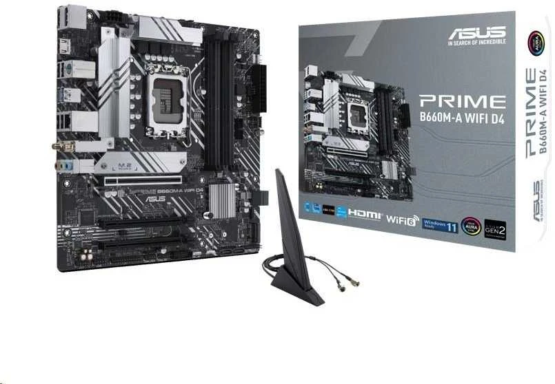 Pagrindinė plokštė ASUS Intel B660 / LGA1700 / MicroATX / Memory DDR4 / Atminties lizdai 4 / 1xPCI-Express 3.0 1x / 1xPCI-Express 3.0 4x / 1xPCI-Express 4.0 16x / 2xM.2 / 2xHDMI / 1xDisplayPort / 2xAudio-In / 1xAudio-Out / 4xUSB 2.0 / 2xUSB 3.2 / 1xPS/2 / 1xRJ45 / PRIMEB660M-AWIFID4